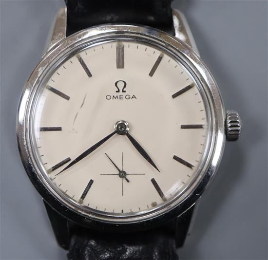 A gentlemans 1960s? stainless steel Omega Seamaster manual wind wrist watch, with baton numerals and subsidiary seconds,